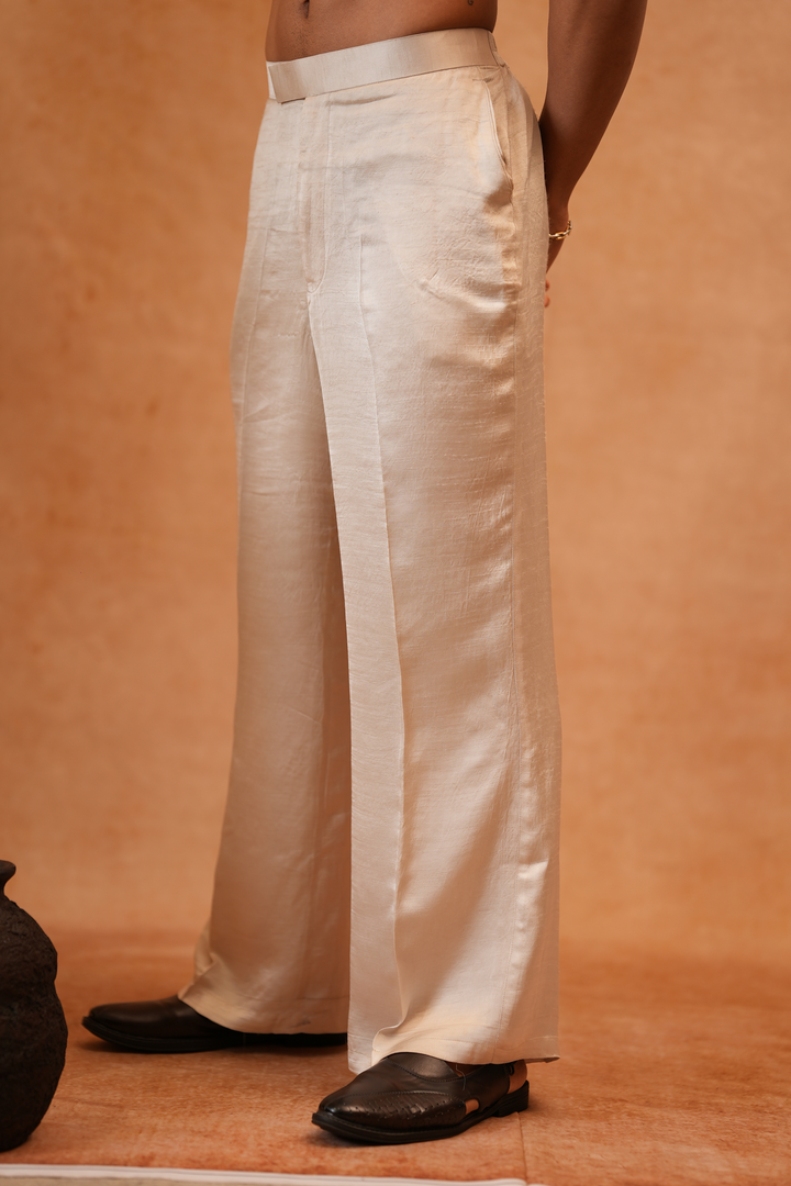 Ethnic Raw Silk Satin Pants — Off White Flared Trouser