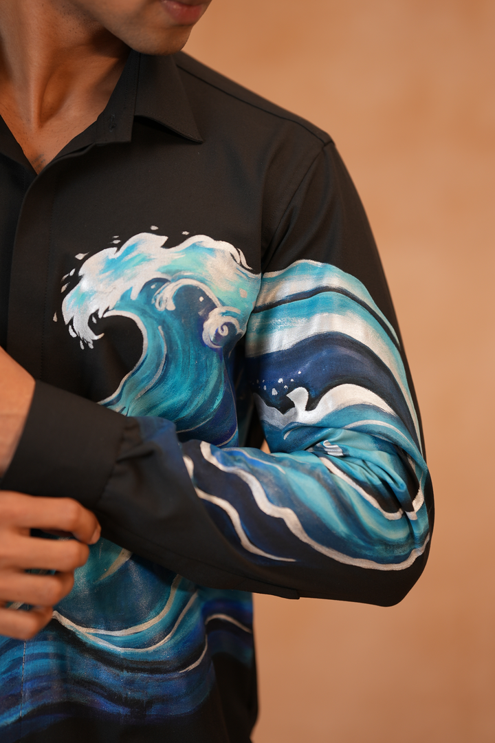 Sagar — Black Hand Painted Hokusai-Inspired Ocean Wave 4-Way Stretch Shirt