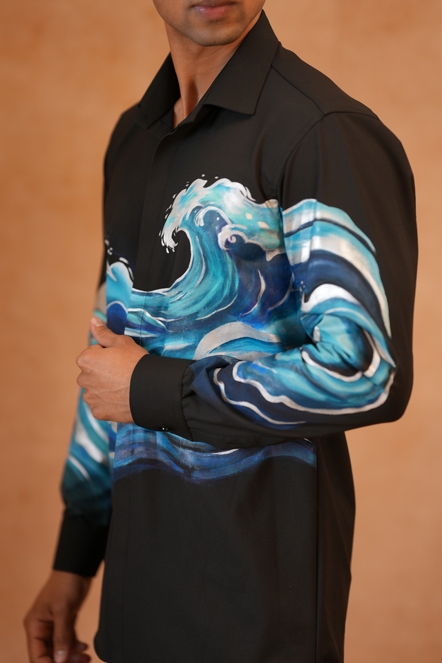 Sagar — Black Hand Painted Hokusai-Inspired Ocean Wave 4-Way Stretch Shirt