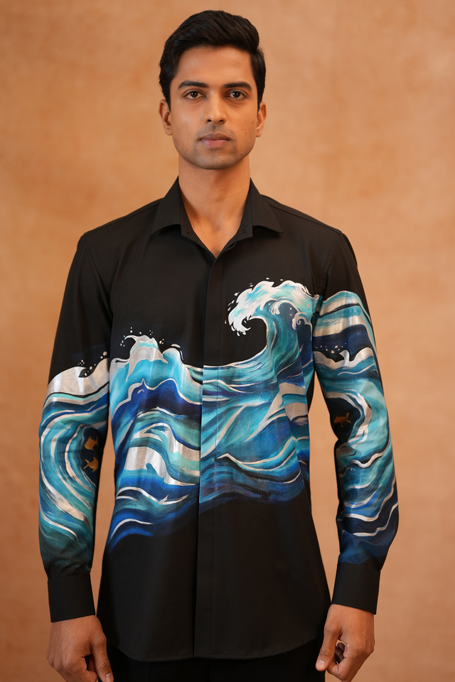 Sagar — Black Hand Painted Hokusai-Inspired Ocean Wave 4-Way Stretch Shirt