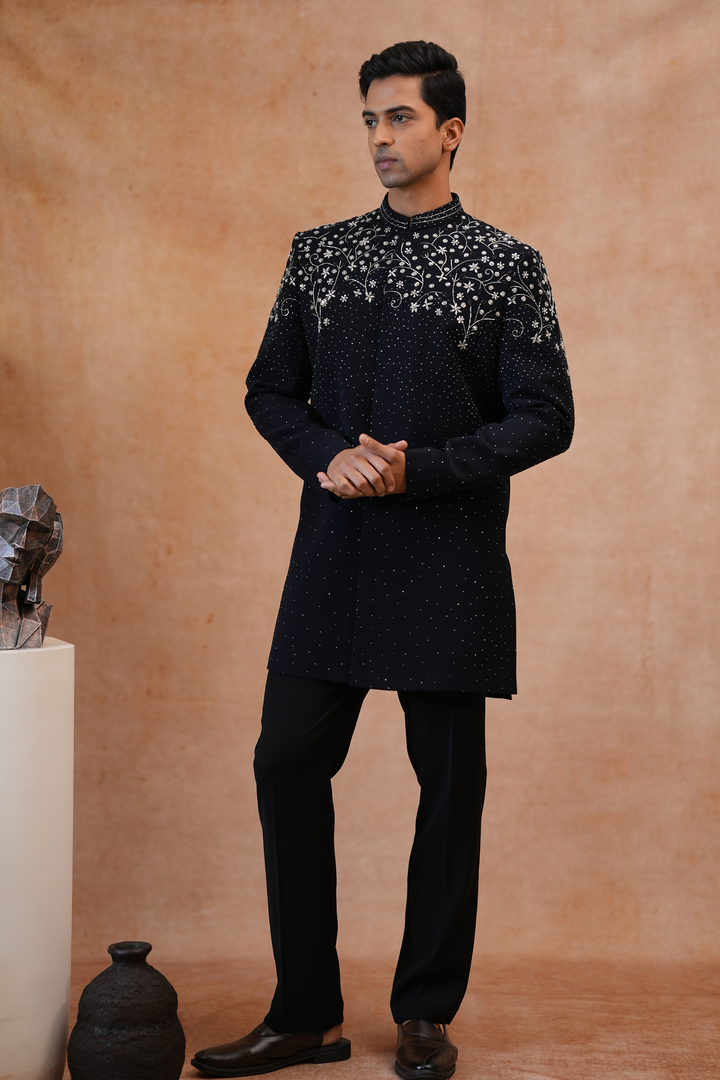 Timir — Black Hand Zardozi, Bead &amp; Sequin Embroidered British Sherwani