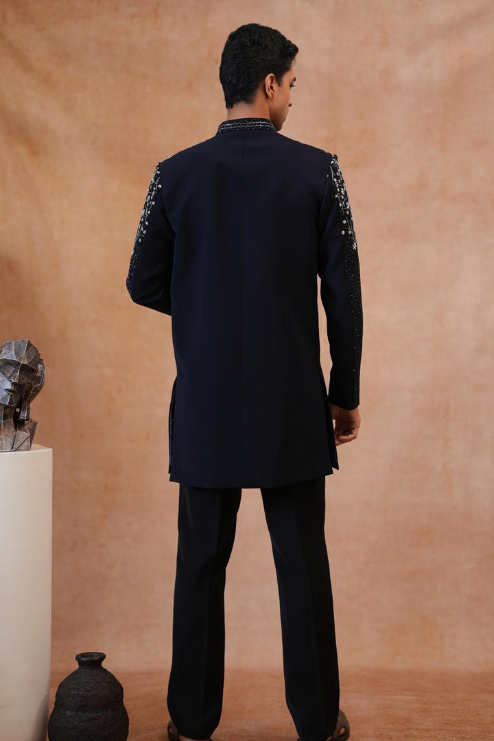 Timir — Black Hand Zardozi, Bead &amp; Sequin Embroidered British Sherwani