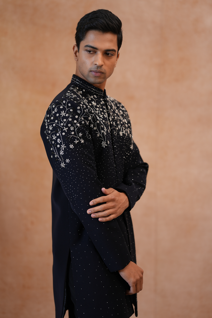 Timir — Black Hand Zardozi, Bead &amp; Sequin Embroidered British Sherwani