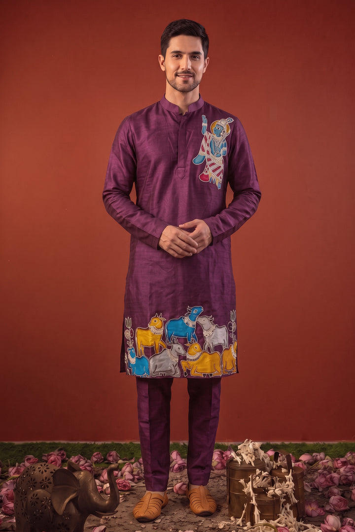 Murali Varnam — Purple Thread Embroidered Linen Satin Kurta