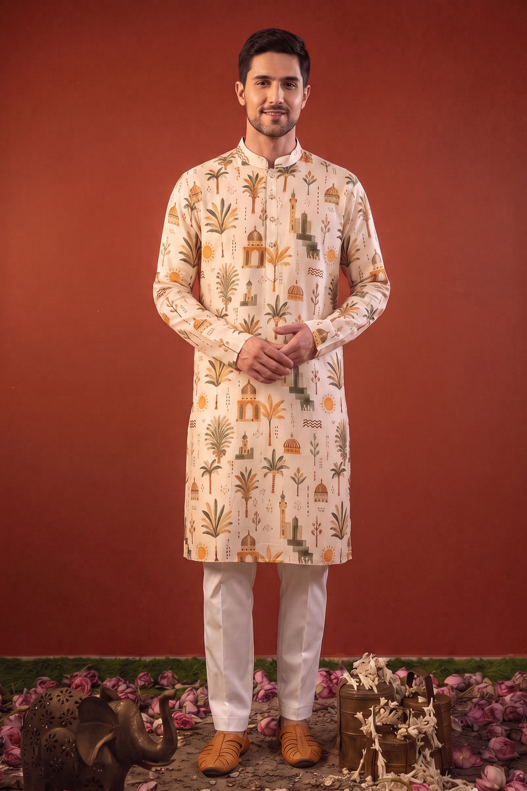 Varun— Cream Printed Falling Raw Silk Kurta
