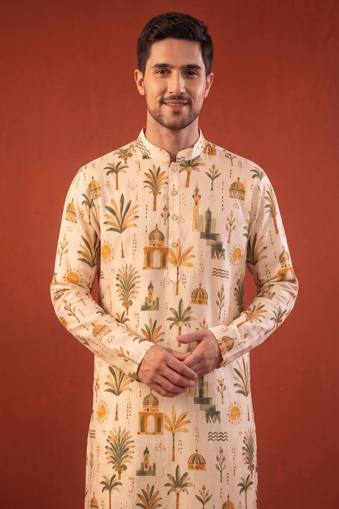 Varun— Cream Printed Falling Raw Silk Kurta