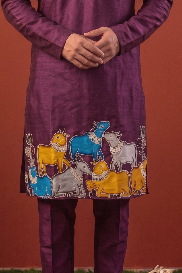 Murali Varnam — Purple Thread Embroidered Linen Satin Kurta