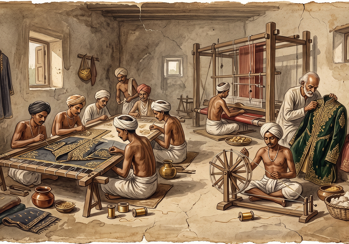 Watercolour of Indian artisans weaving and embroidering HILO garments by hand
