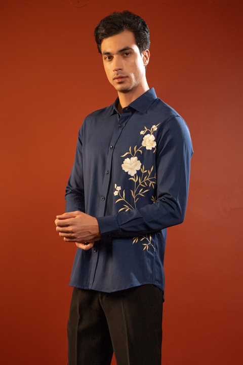 Nocturne — Navy Hand Embroidered Cotton Flex Shirt