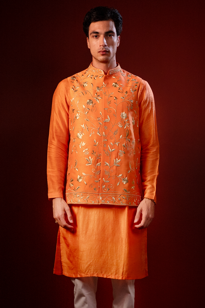Dhew — Orange Hand Embroidered Falling Raw Silk Nehru Jacket Set