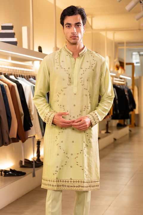 Omara — Lime Green Hand Embroidered Falling Raw Silk Kurta
