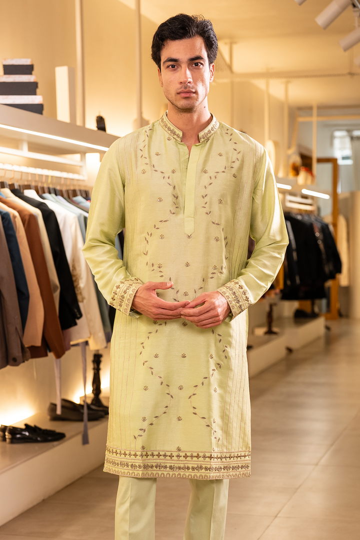 Omara — Lime Green Hand Embroidered Falling Raw Silk Kurta