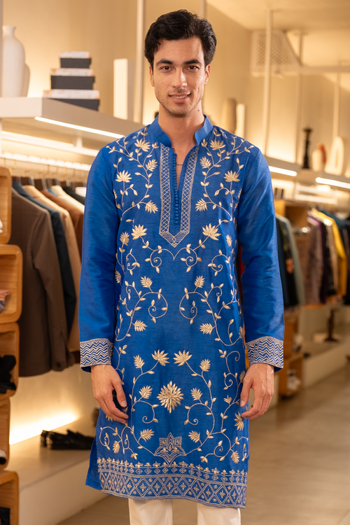 Pallav — Royal Blue Hand Embroidered Falling Raw Silk Kurta