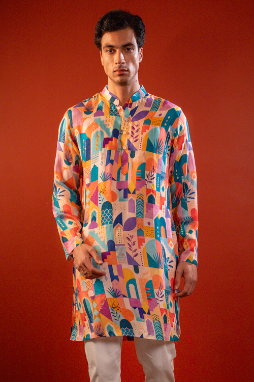 Sarang — Multi Color Printed Falling Raw Silk Kurta
