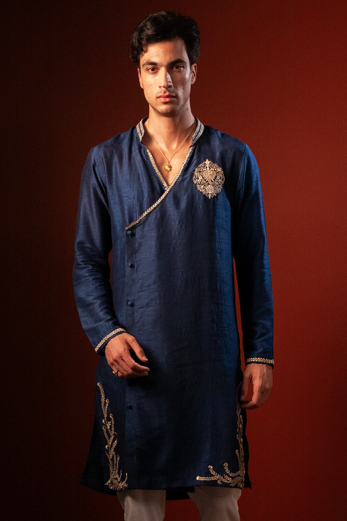 Manomaya — Navy Thread Embroidered Falling Raw Silk Kurta