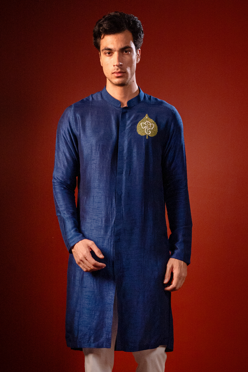 Durja — Navy Thread Embroidered Falling Raw Silk Kurta