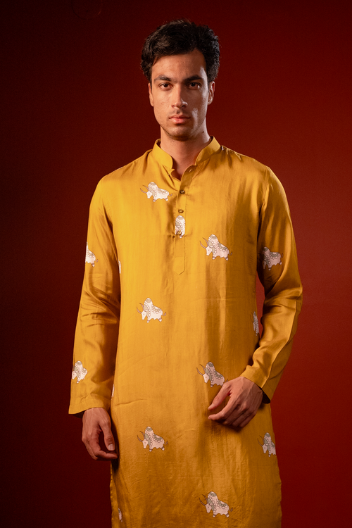 Eshaan — Mustard Printed Falling Raw Silk Kurta