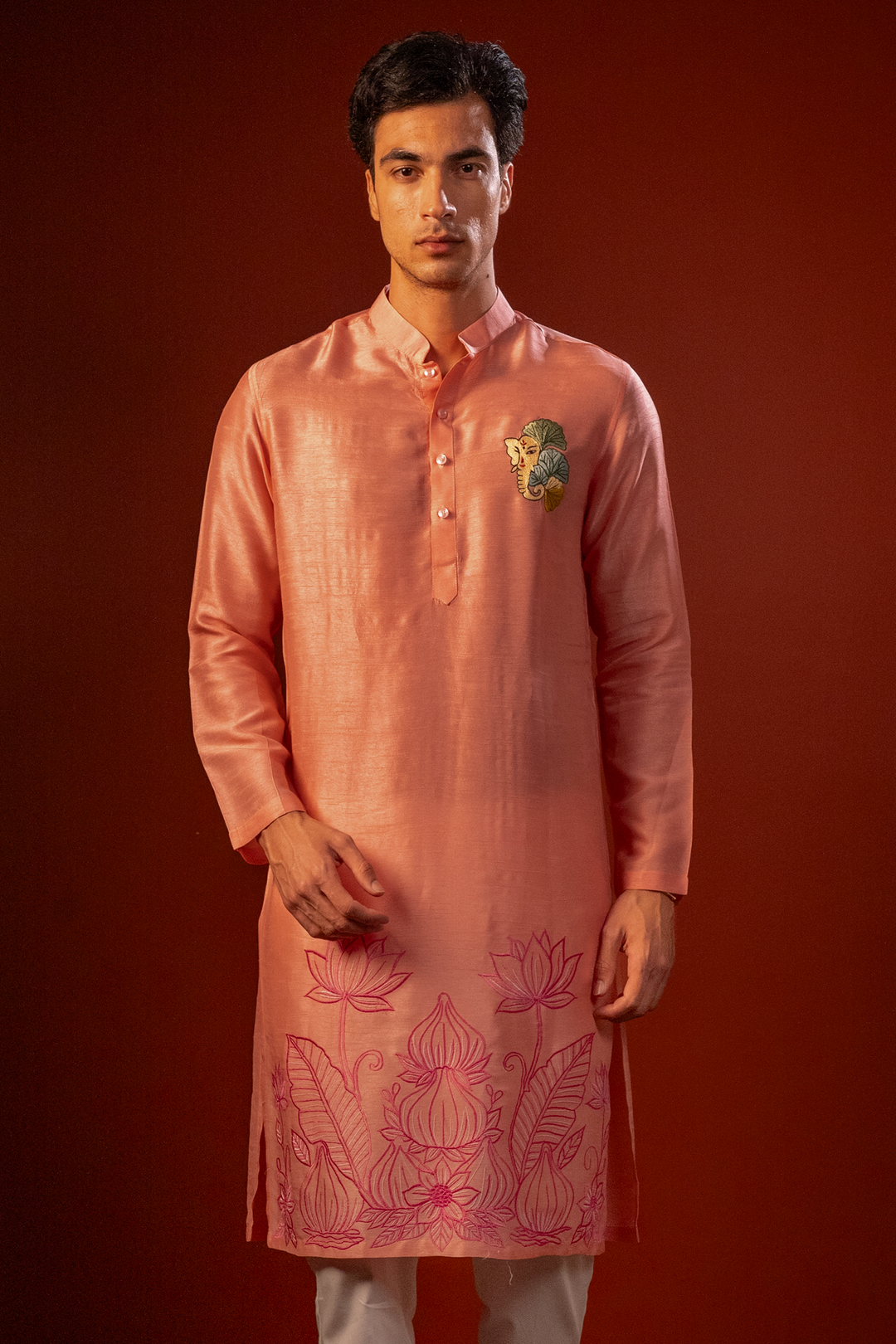 Shubhan — Peach Thread Embroidered Falling Raw Silk Kurta