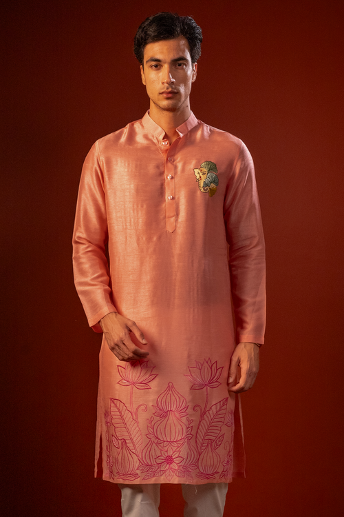 Shubhan — Peach Thread Embroidered Falling Raw Silk Kurta