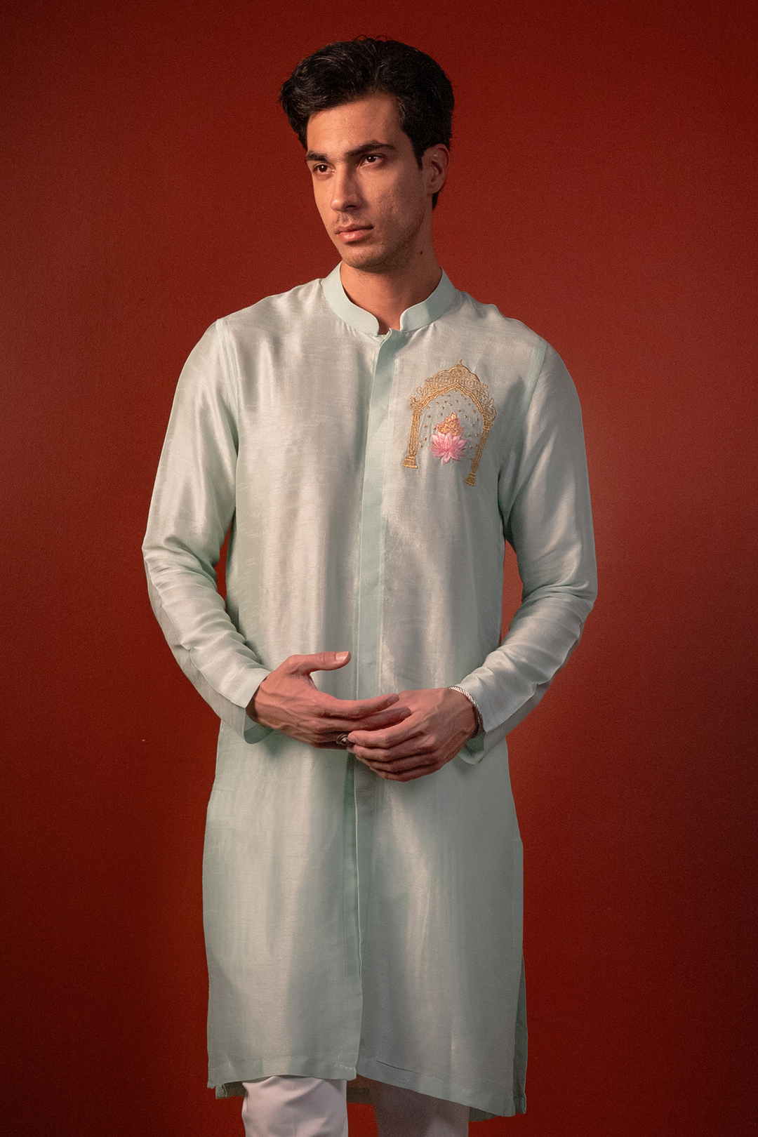 Amod — Mint Green Thread Embroidered Falling Raw Silk Kurta