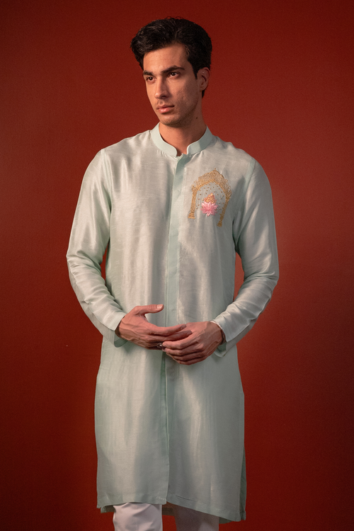 Amod — Mint Green Thread Embroidered Falling Raw Silk Kurta