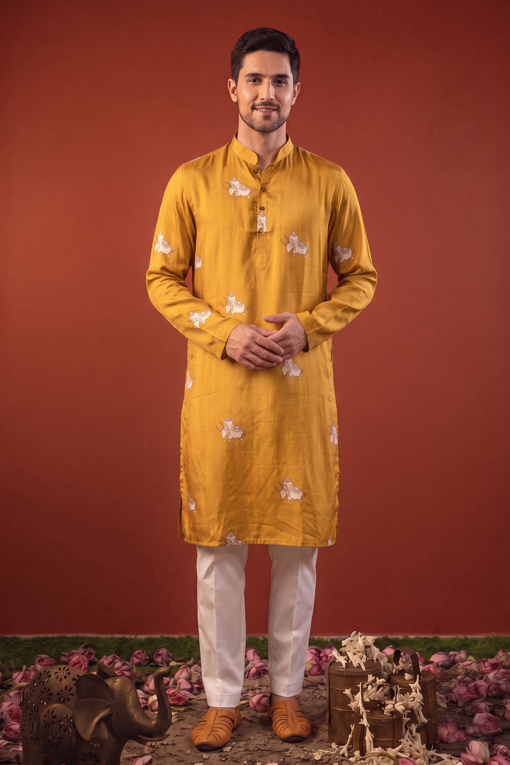 Eshaan — Mustard Printed Falling Raw Silk Kurta