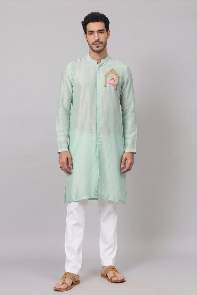 Amod — Mint Green Thread Embroidered Falling Raw Silk Kurta