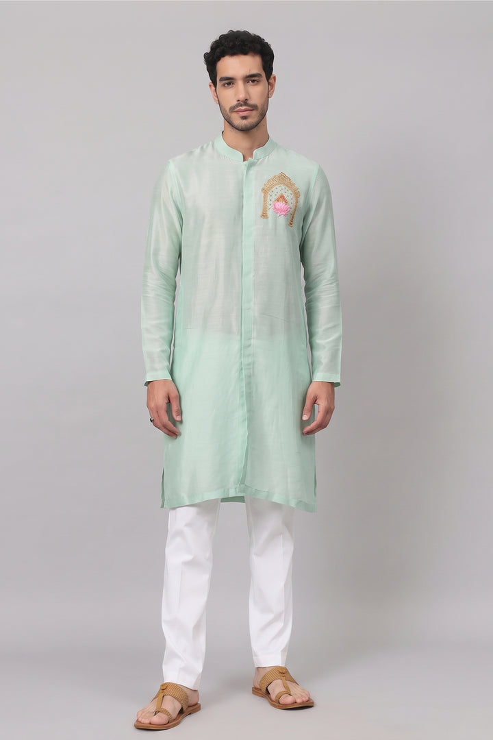 Amod — Mint Green Thread Embroidered Falling Raw Silk Kurta