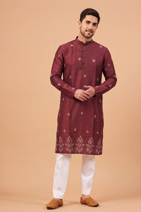 Urja — Maroon Thread Embroidered Falling Raw Silk Kurta