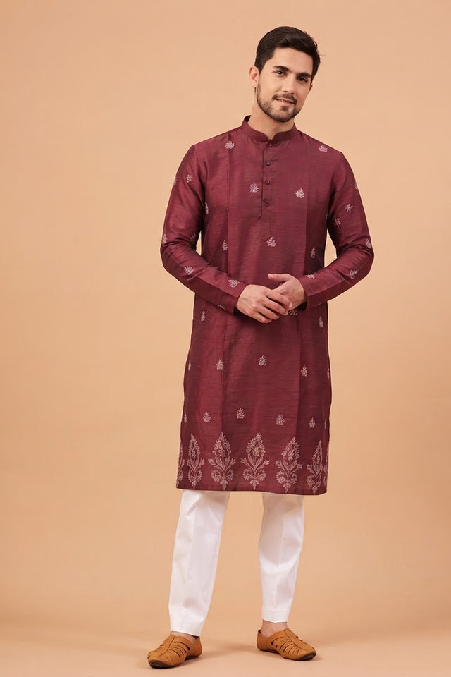 Urja — Maroon Thread Embroidered Falling Raw Silk Kurta
