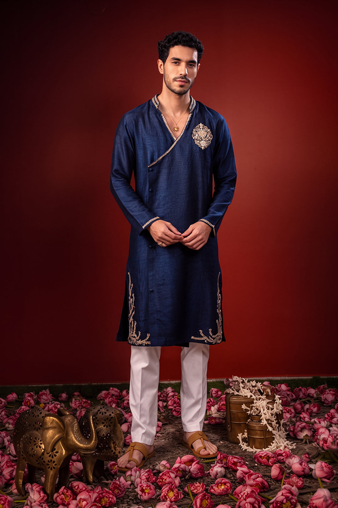 Manomaya — Navy Thread Embroidered Falling Raw Silk Kurta
