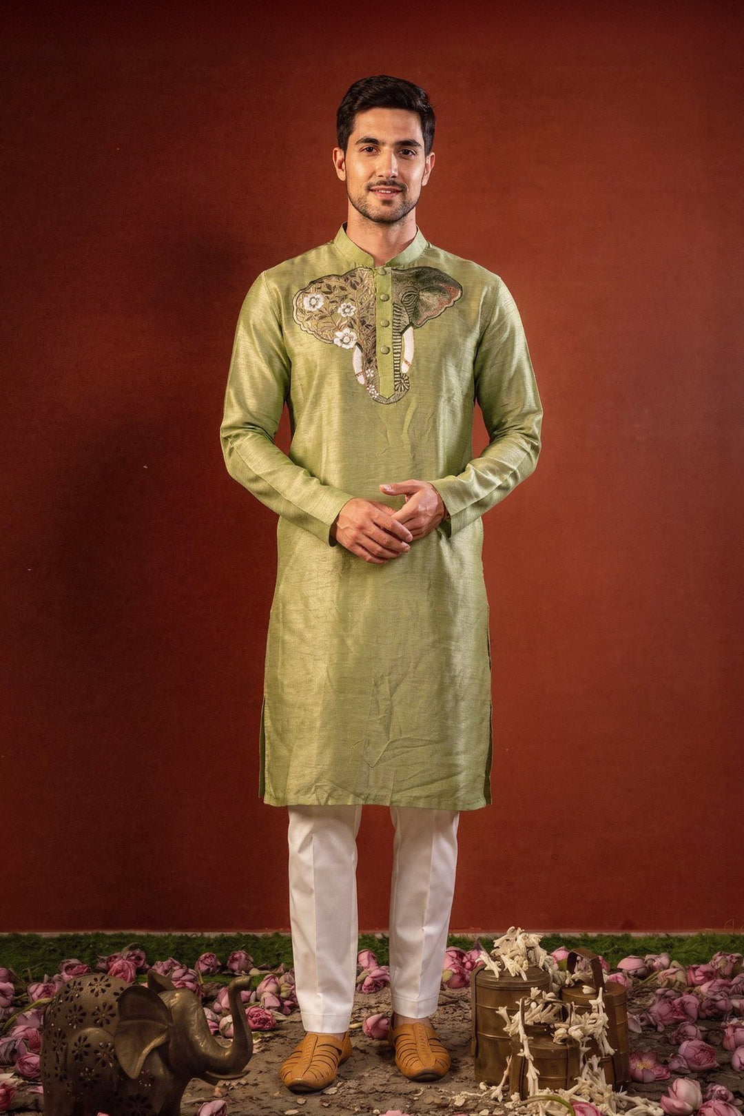 Nishant— Olive Green Thread Embroidered Falling Raw Silk Kurta