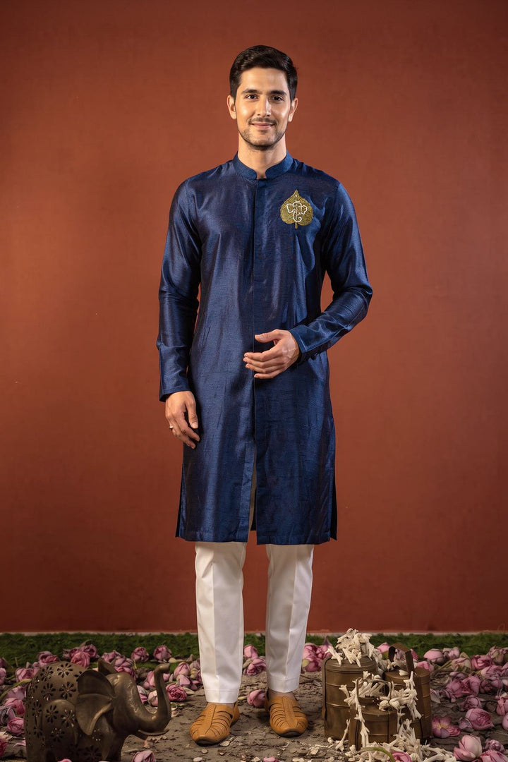 Durja — Navy Thread Embroidered Falling Raw Silk Kurta