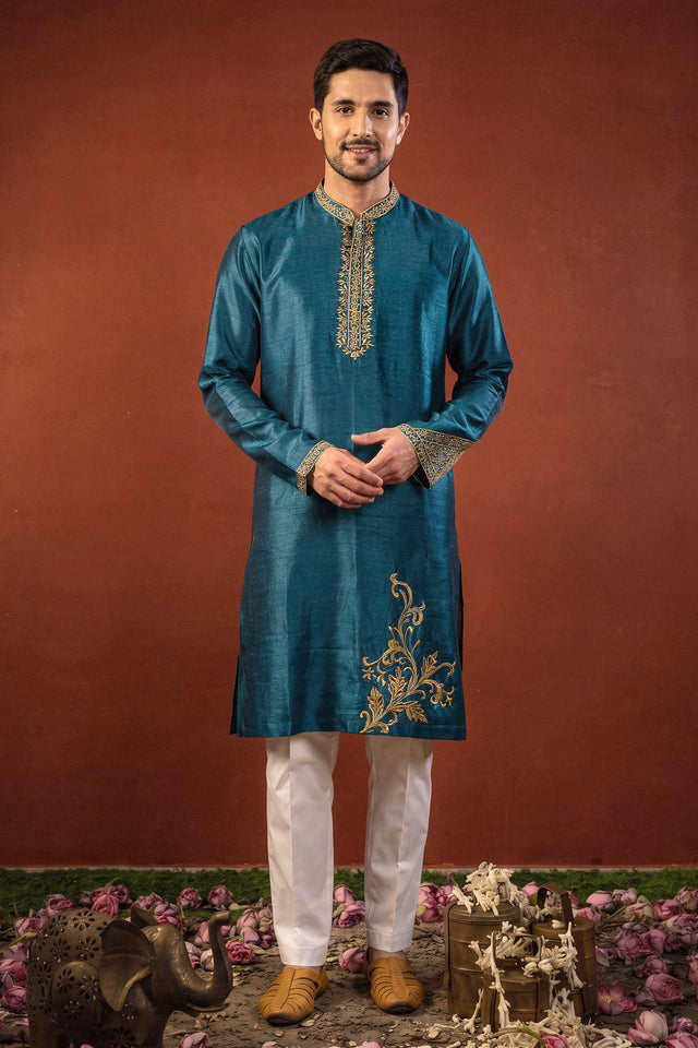 Manjari — Teal Blue Hand Embroidered Falling Raw Silk Kurta