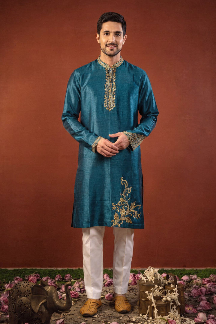 Manjari — Teal Blue Hand Embroidered Falling Raw Silk Kurta