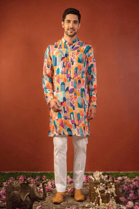 Sarang — Multi Color Printed Falling Raw Silk Kurta