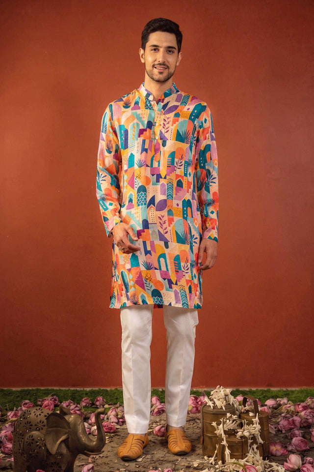 Sarang — Multi Color Printed Falling Raw Silk Kurta