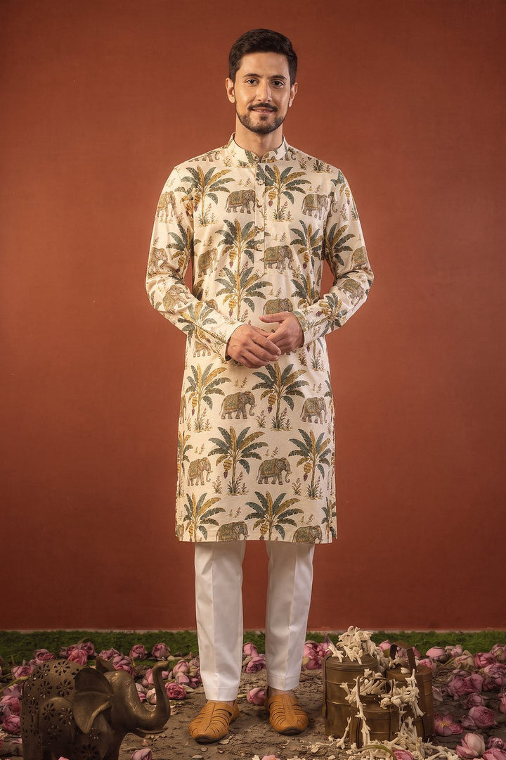 Kadali — Cream Printed Falling Raw Silk Kurta