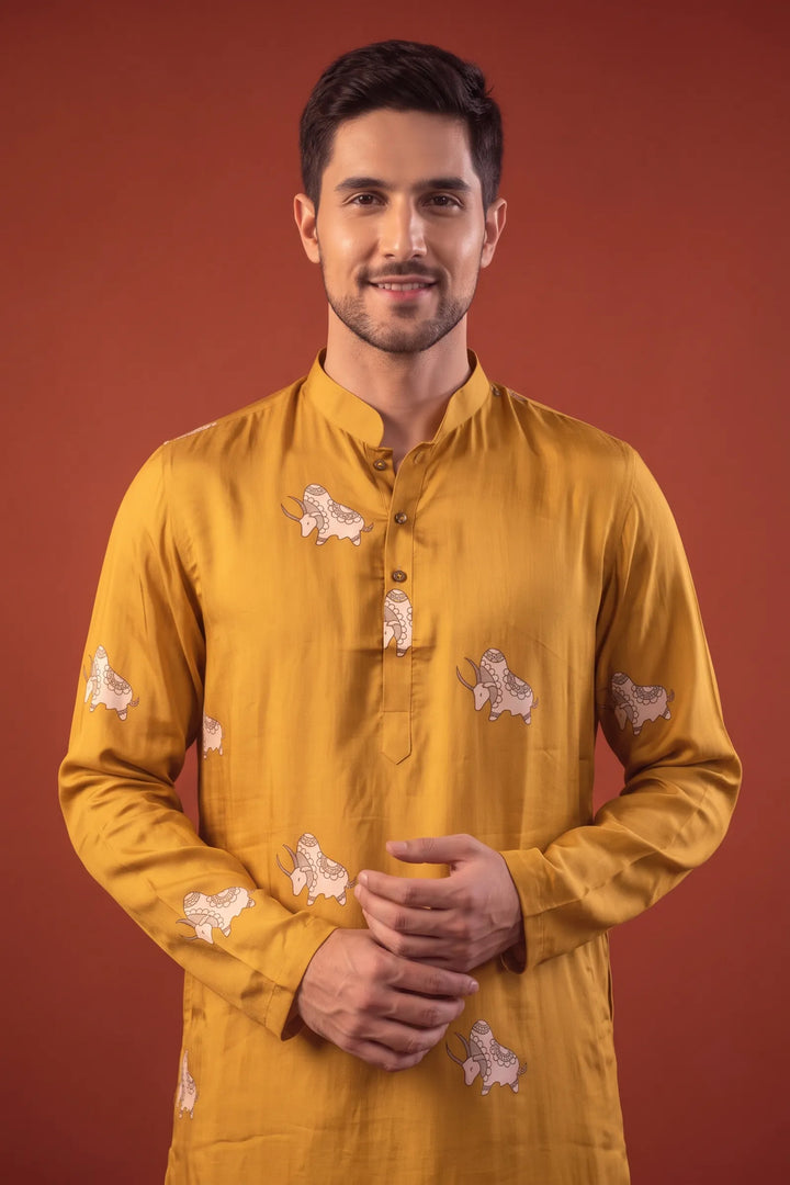 Eshaan — Mustard Printed Falling Raw Silk Kurta