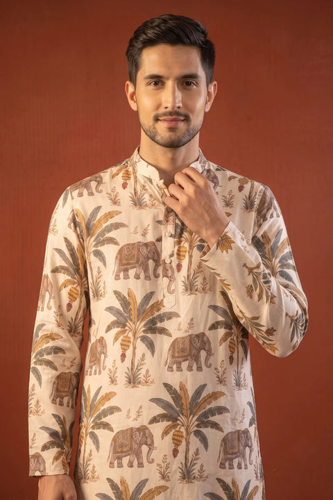 Kadali — Cream Printed Falling Raw Silk Kurta