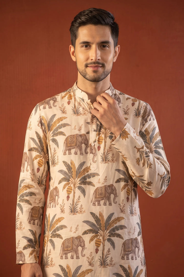 Kadali — Cream Printed Falling Raw Silk Kurta