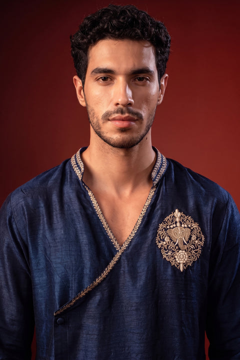 Manomaya — Navy Thread Embroidered Falling Raw Silk Kurta