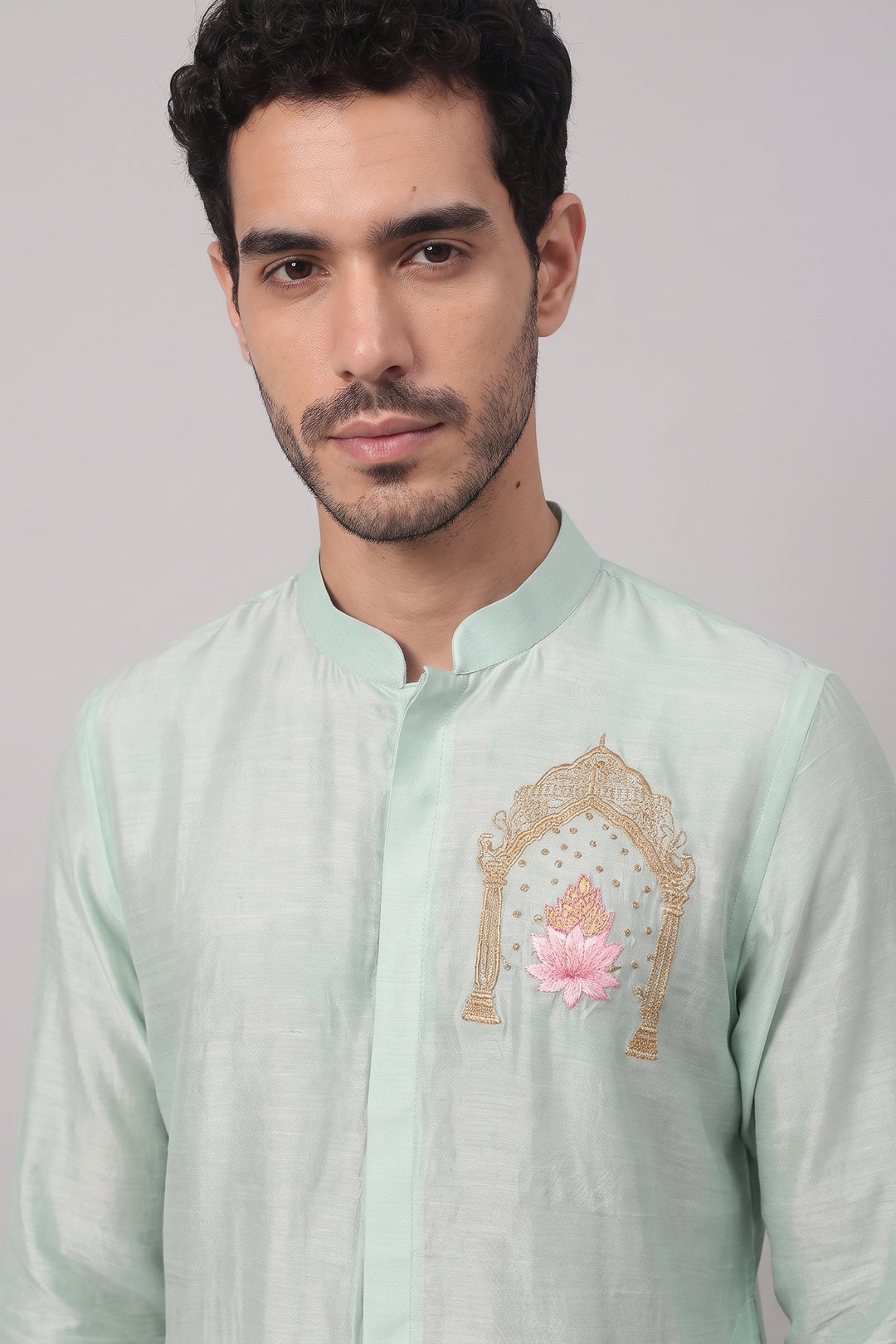 Amod — Mint Green Thread Embroidered Falling Raw Silk Kurta