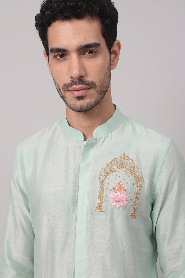 Amod — Mint Green Thread Embroidered Falling Raw Silk Kurta