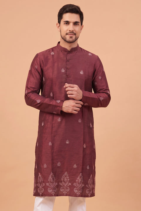 Urja — Maroon Thread Embroidered Falling Raw Silk Kurta