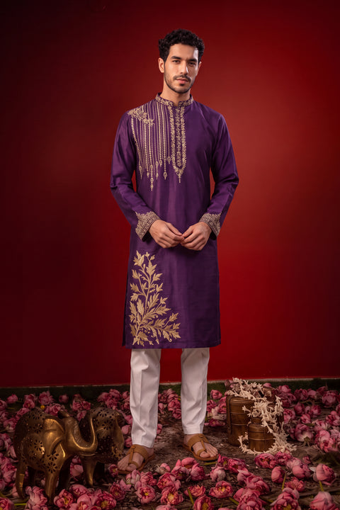 Vaivarna — Royal Purple Gold Thread Embroidered Falling Raw Silk Kurta