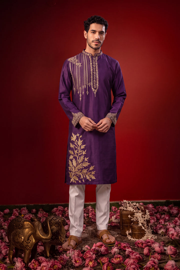Vaivarna — Royal Purple Gold Thread Embroidered Falling Raw Silk Kurta