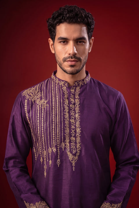Vaivarna — Royal Purple Gold Thread Embroidered Falling Raw Silk Kurta