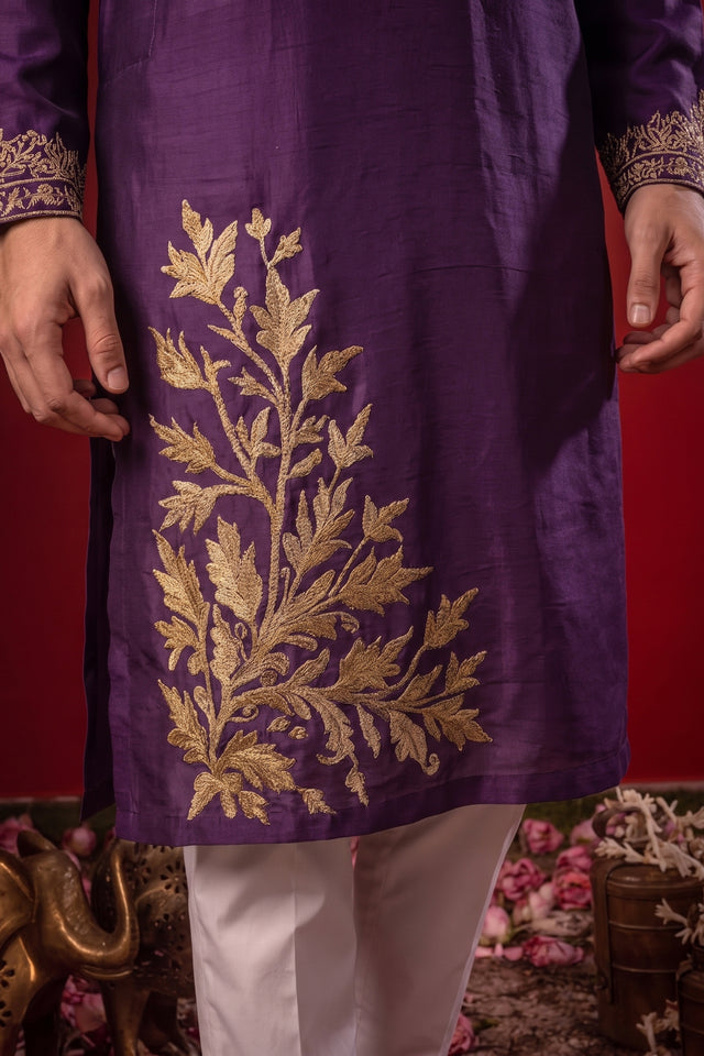 Vaivarna — Royal Purple Gold Thread Embroidered Falling Raw Silk Kurta