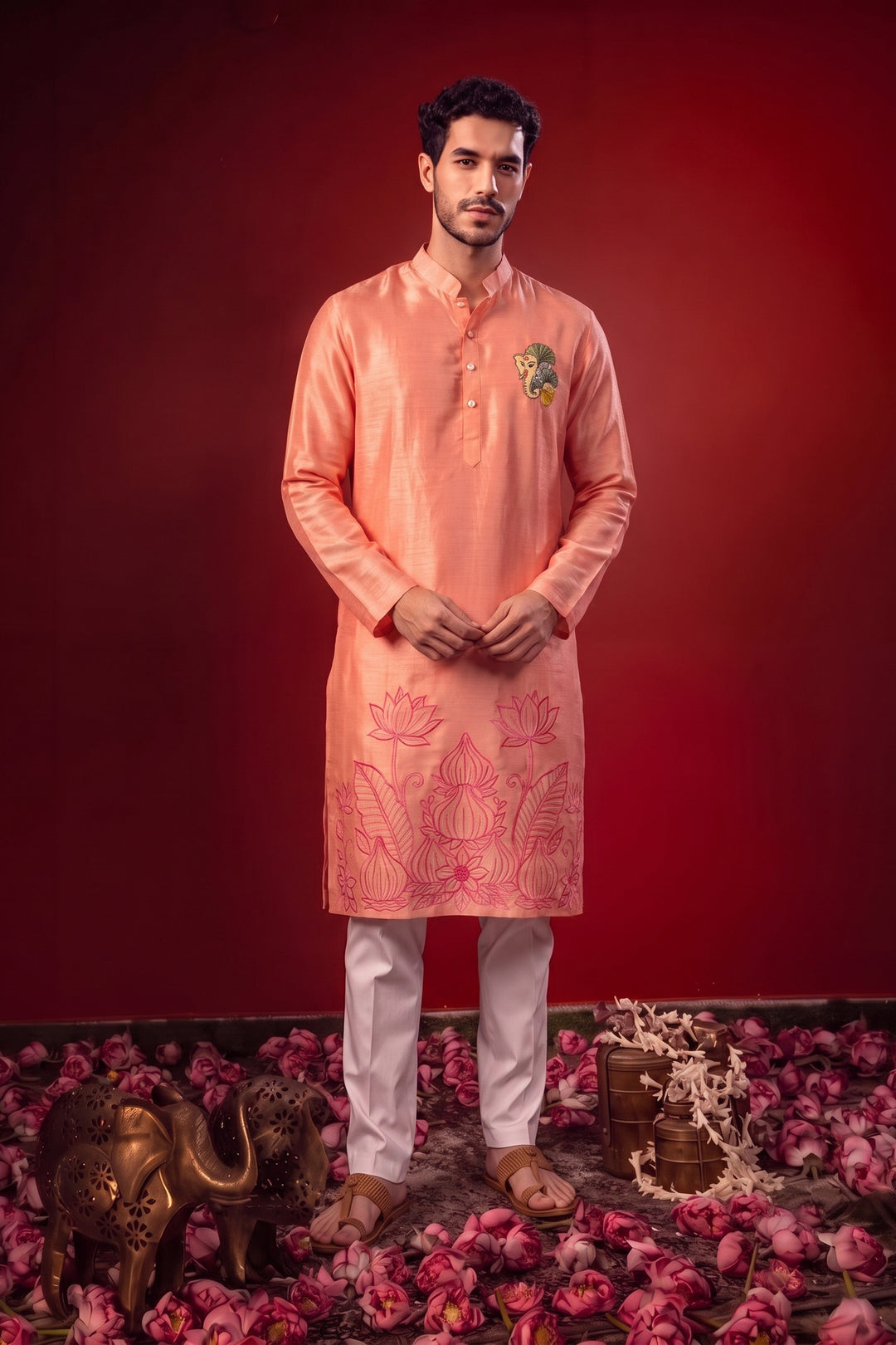 Shubhan — Peach Thread Embroidered Falling Raw Silk Kurta